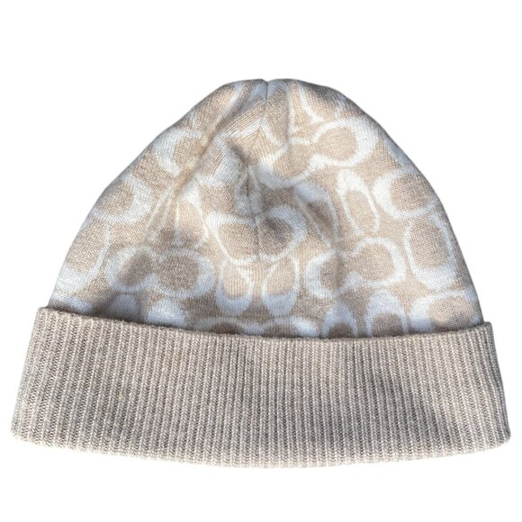 Coach Wool Cashmere Blend Jacquard Knit Signature Logo Cuffed Beanie Cream Tan - Picture 1 of 12